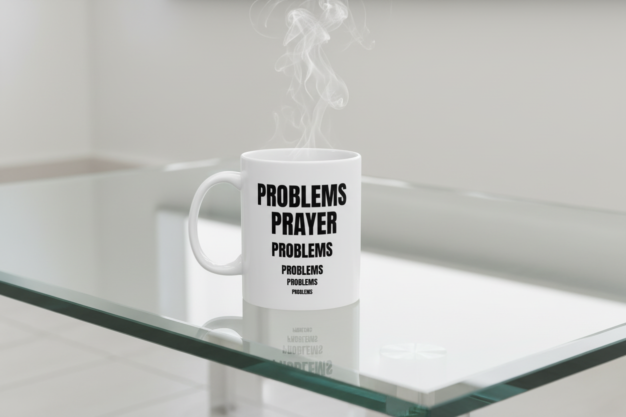 faith inspirational ceramic White mug with 'PROBLEMS PRAYER text sitting on coffee table.by motivated vision