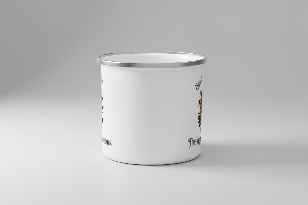 white enamel mug with god can guide me through a broken compass "on it with a compass picture. side view motivated vision