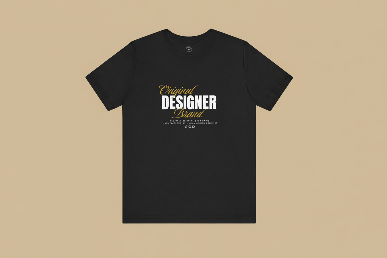 Black t-shirt with 'Original Designer Brand' text on a beige background