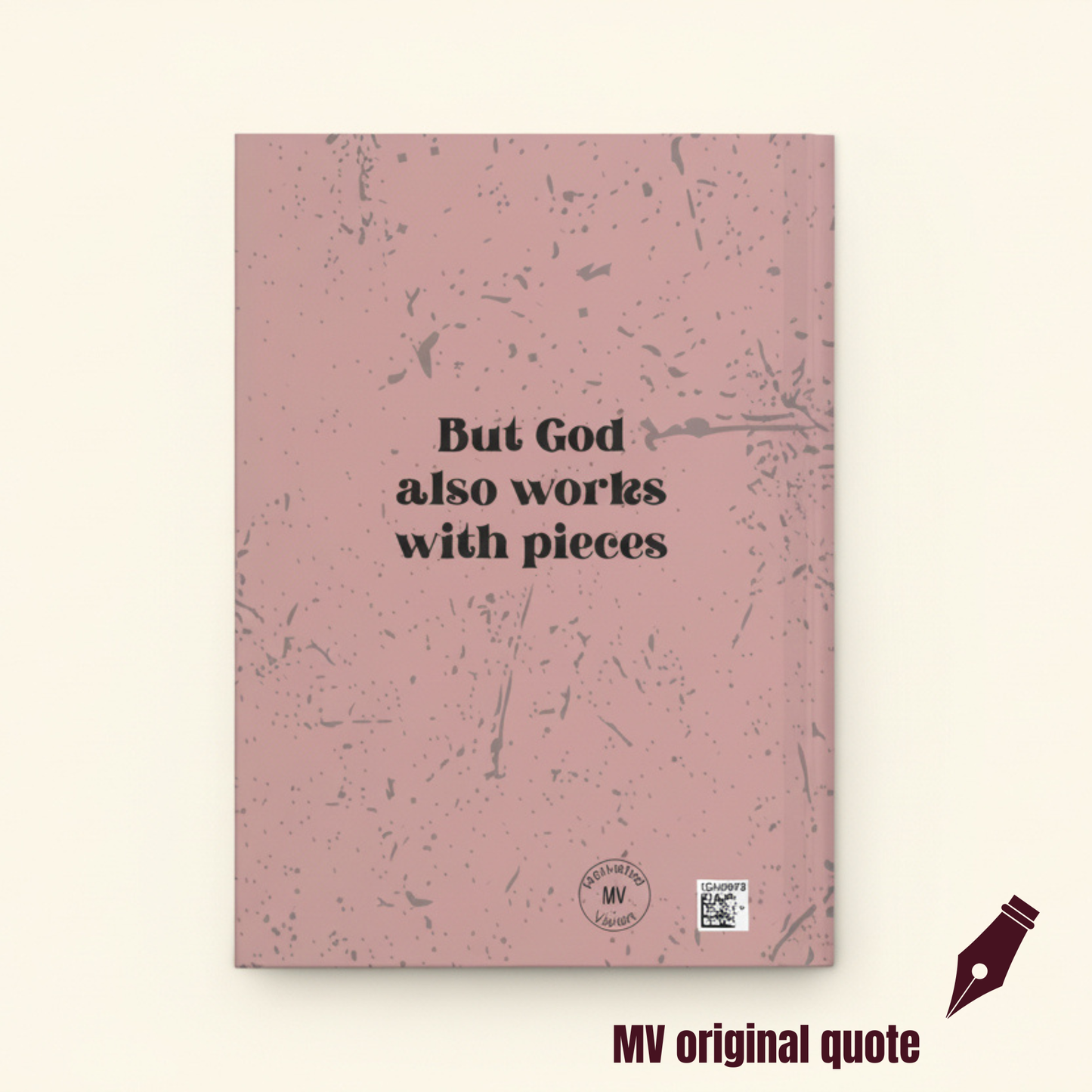 "Pieces of Comfort" inspirational faith journal with quote about healing from a broken home and trusting God on dusty pink cover quote on back.by motivated vision