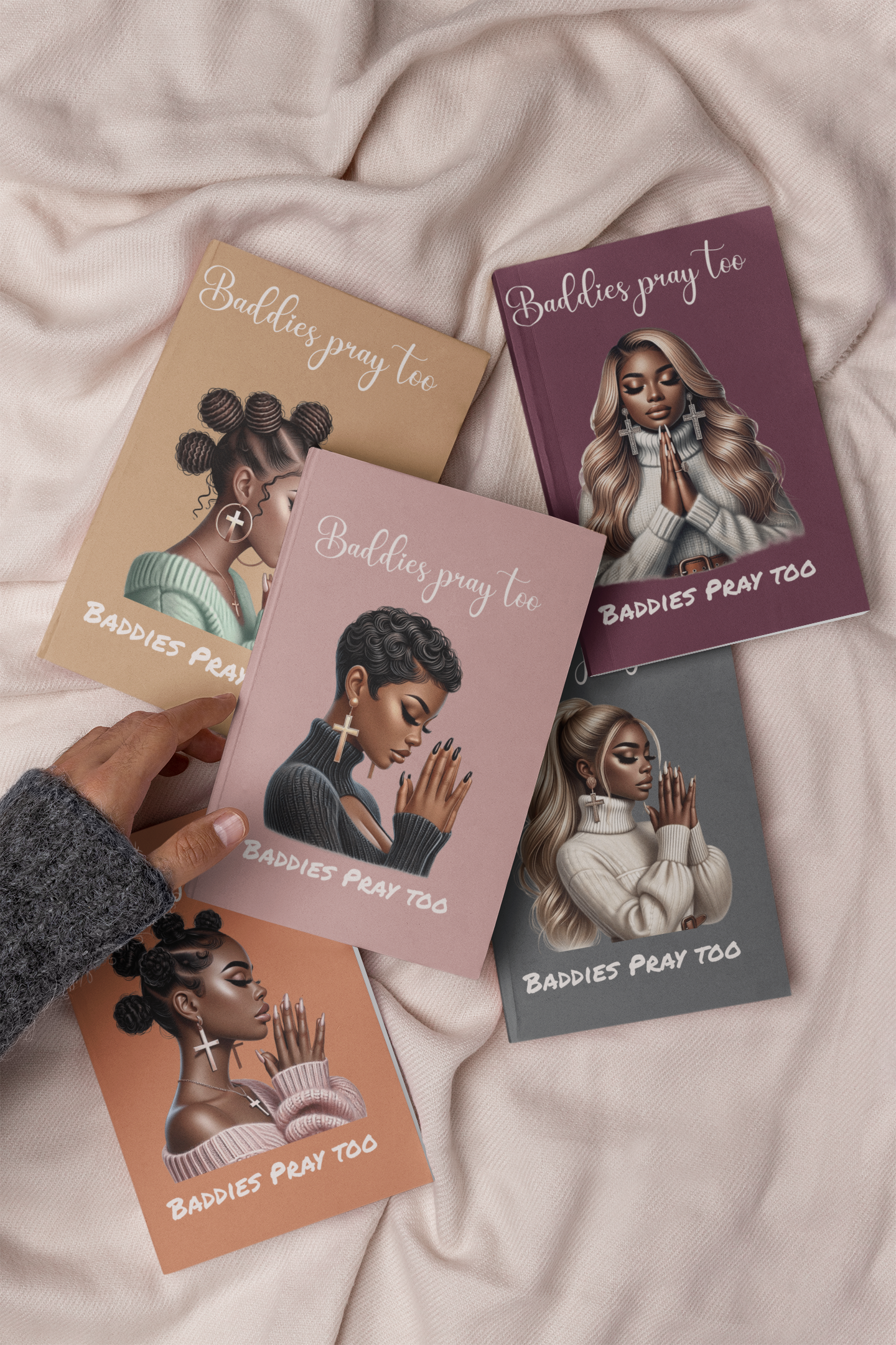 Five cards featuring illustrations of women with 'Baddies Pray Too' text on a soft fabric background.
