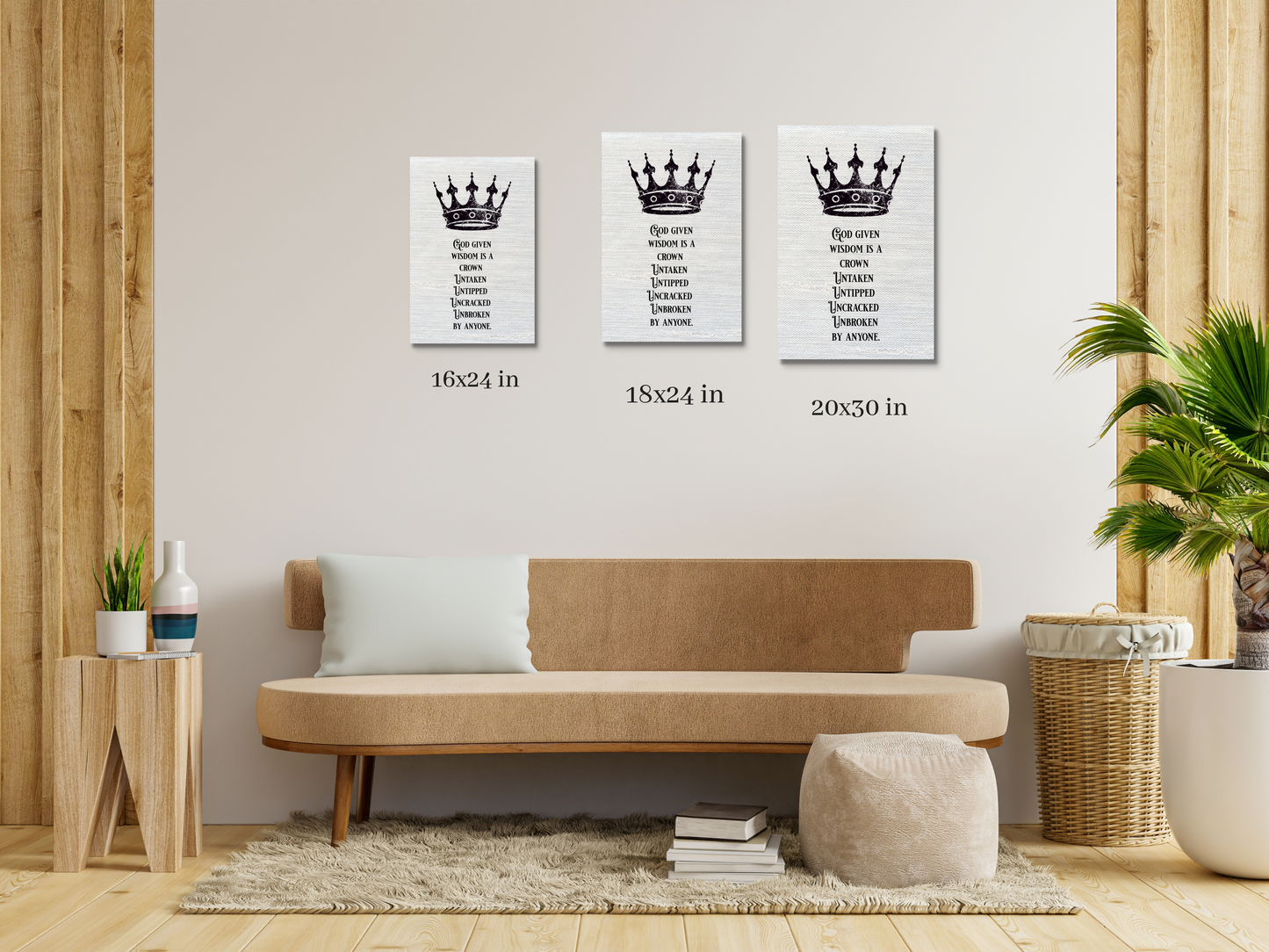 size guide for faith-based canvas wall art featuring a crown and the quote “God Given Wisdom Is a Crown Untaken, Untipped, Uncracked, Unbroken by Anyone” by motivated vision