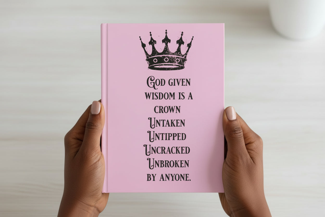 ethnic woman holding Pink faith journal featuring a crown and the quote “God Given Wisdom Is a Crown Untaken, Untipped, Uncracked, Unbroken by Anyone” by motivated vision