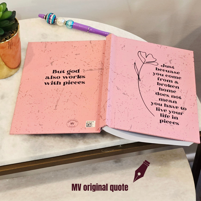 "Pieces of Comfort" inspirational faith journal with quote about healing from a broken home and trusting God on dusty pink cover quote on front back.by motivated vision 
