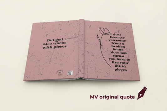 "Pieces of Comfort" inspirational faith journal with quote about healing from a broken home and trusting God on dusty pink cover quote on front back.by motivated vision