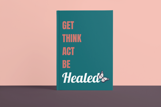 teal hardcover 5x7 matte journal with the words "healed" get think act healed on a pink background. by motivated vision