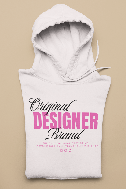 off white gildan sf500 hoodie with "original designer brand" manufactured by god in pink and black letters. motivated vision